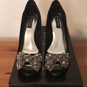 Velvet Peep toe Pumps with Rhinestone Bows